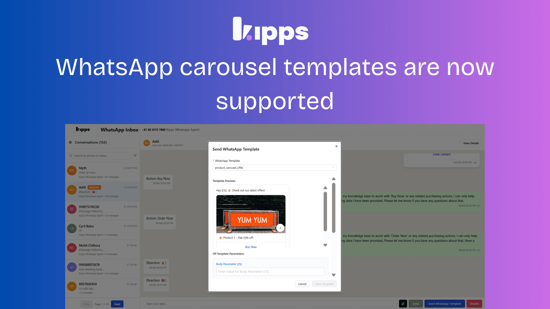 WhatsApp carousel templates are now supported.