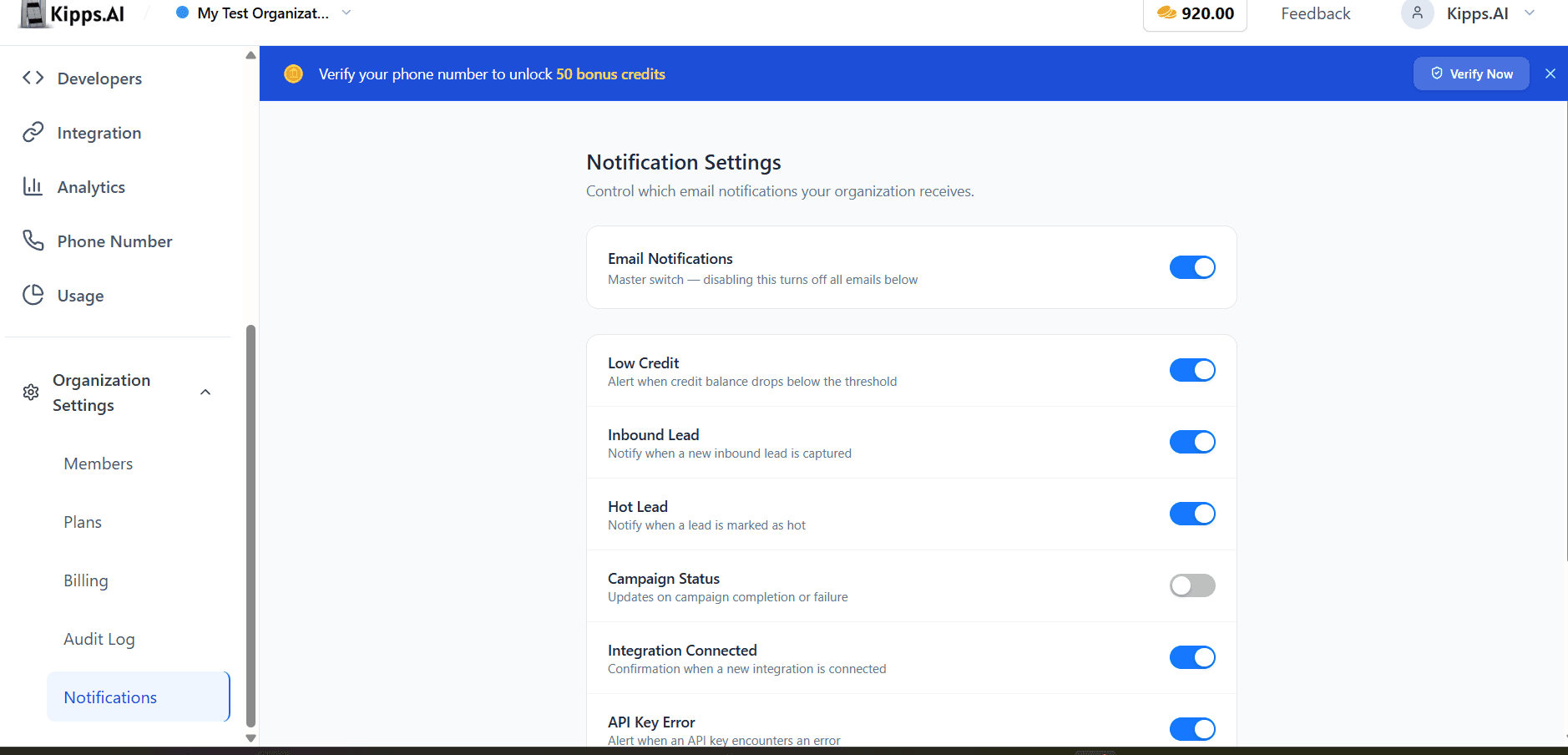 Organization Notification Settings