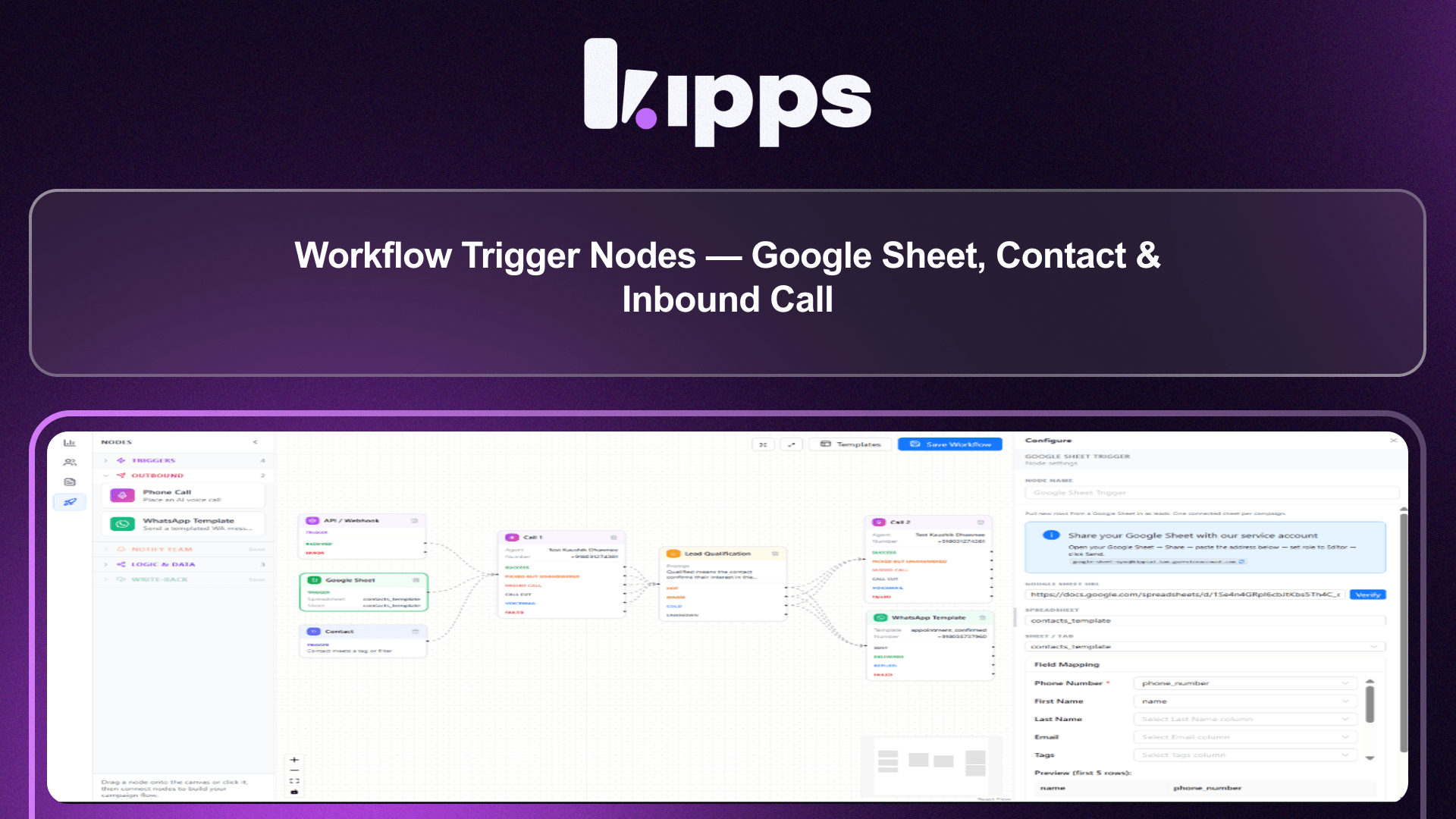 Workflow Trigger Nodes — Google Sheet, Contact & Inbound Call